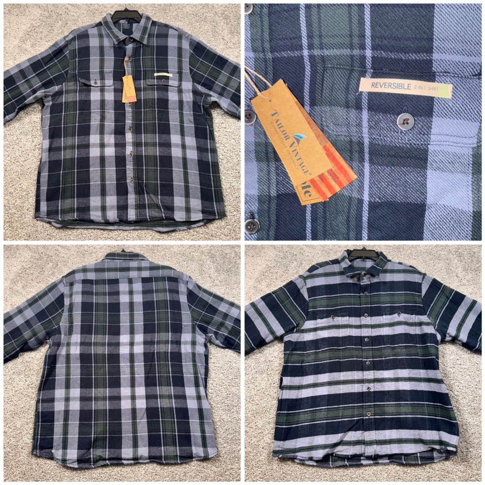 Tailor Vintage Reversible Double Face Plaid Shirt Men Pine Green Blue XL NEW